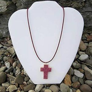 Wooden Beaded Cross Necklace - Pink handmade handcrafted